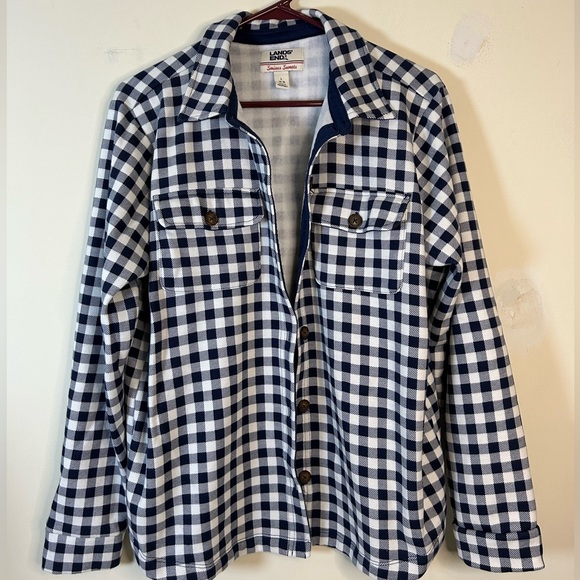 Lands' End Navy and White Checkered Button Down Fleece feel liner Women’s Large - Picture 1 of 6